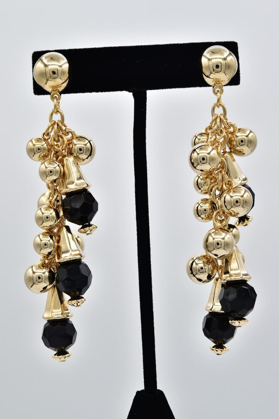 Vintage NOS Gold Black Faceted Beaded Ball Charm Long Dangle Earrings 1980s NS11
